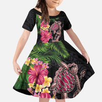 Hawaiian Tropical Plants Turtle and Shark Family Matching Off Shoulder Maxi Dress and Hawaiian Shirt Polynesian Art Tattoo LT03 Daughter's Dress Black - Polynesian Pride