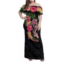 Hawaiian Tropical Plants Turtle and Shark Family Matching Off Shoulder Maxi Dress and Hawaiian Shirt Polynesian Art Tattoo LT03 Mom's Dress Black - Polynesian Pride