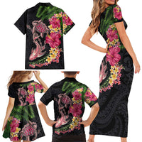Hawaiian Tropical Plants Turtle and Shark Family Matching Short Sleeve Bodycon Dress and Hawaiian Shirt Polynesian Art Tattoo LT03 - Polynesian Pride