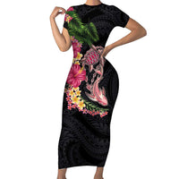 Hawaiian Tropical Plants Turtle and Shark Family Matching Short Sleeve Bodycon Dress and Hawaiian Shirt Polynesian Art Tattoo LT03 Mom's Dress Black - Polynesian Pride