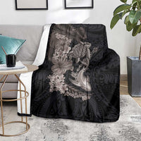 Hawaiian Tropical Plants Turtle and Shark Blanket Polynesian Art Tattoo Grayscale Color