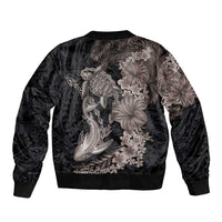 Hawaiian Tropical Plants Turtle and Shark Bomber Jacket Polynesian Art Tattoo Grayscale Color