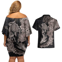 Hawaiian Tropical Plants Turtle and Shark Couples Matching Off Shoulder Short Dress and Hawaiian Shirt Polynesian Art Tattoo Grayscale Color LT03 - Polynesian Pride