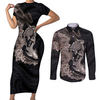 Hawaiian Tropical Plants Turtle and Shark Couples Matching Short Sleeve Bodycon Dress and Long Sleeve Button Shirt Polynesian Art Tattoo Grayscale Color LT03 Black - Polynesian Pride