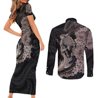 Hawaiian Tropical Plants Turtle and Shark Couples Matching Short Sleeve Bodycon Dress and Long Sleeve Button Shirt Polynesian Art Tattoo Grayscale Color LT03 - Polynesian Pride