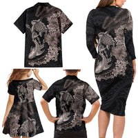 Hawaiian Tropical Plants Turtle and Shark Family Matching Long Sleeve Bodycon Dress and Hawaiian Shirt Polynesian Art Tattoo Grayscale Color LT03 - Polynesian Pride