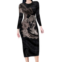 Hawaiian Tropical Plants Turtle and Shark Family Matching Long Sleeve Bodycon Dress and Hawaiian Shirt Polynesian Art Tattoo Grayscale Color LT03 Mom's Dress Black - Polynesian Pride