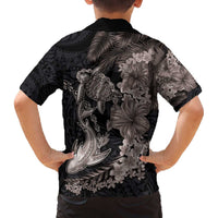 Hawaiian Tropical Plants Turtle and Shark Family Matching Off The Shoulder Long Sleeve Dress and Hawaiian Shirt Polynesian Art Tattoo Grayscale Color LT03 - Polynesian Pride