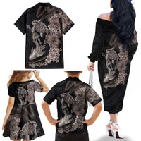 Hawaiian Tropical Plants Turtle and Shark Family Matching Off The Shoulder Long Sleeve Dress and Hawaiian Shirt Polynesian Art Tattoo Grayscale Color LT03 - Polynesian Pride