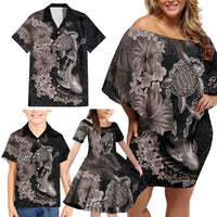 Hawaiian Tropical Plants Turtle and Shark Family Matching Off Shoulder Short Dress and Hawaiian Shirt Polynesian Art Tattoo Grayscale Color LT03 - Polynesian Pride