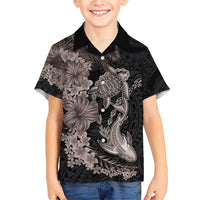 Hawaiian Tropical Plants Turtle and Shark Family Matching Short Sleeve Bodycon Dress and Hawaiian Shirt Polynesian Art Tattoo Grayscale Color LT03 Son's Shirt Black - Polynesian Pride