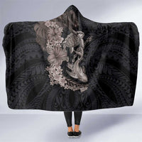Hawaiian Tropical Plants Turtle and Shark Hooded Blanket Polynesian Art Tattoo Grayscale Color