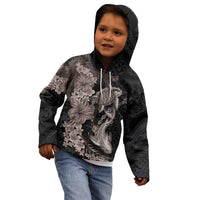 Hawaiian Tropical Plants Turtle and Shark Kid Hoodie Polynesian Art Tattoo Grayscale Color