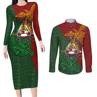 Papua New Guinea East Sepik Province Couples Matching Long Sleeve Bodycon Dress and Long Sleeve Button Shirt Tribal Crocodile Birds of Paradise Melanesian Tattoo LT03 Green - Polynesian Pride