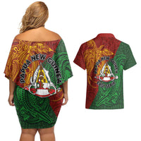 Papua New Guinea East Sepik Province Couples Matching Off Shoulder Short Dress and Hawaiian Shirt Tribal Crocodile Birds of Paradise Melanesian Tattoo LT03 - Polynesian Pride