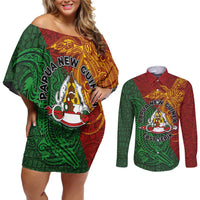 Papua New Guinea East Sepik Province Couples Matching Off Shoulder Short Dress and Long Sleeve Button Shirt Tribal Crocodile Birds of Paradise Melanesian Tattoo LT03 Green - Polynesian Pride