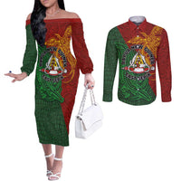 Papua New Guinea East Sepik Province Couples Matching Off The Shoulder Long Sleeve Dress and Long Sleeve Button Shirt Tribal Crocodile Birds of Paradise Melanesian Tattoo LT03 Green - Polynesian Pride