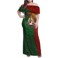 Papua New Guinea East Sepik Province Family Matching Off Shoulder Maxi Dress and Hawaiian Shirt Tribal Crocodile Birds of Paradise Melanesian Tattoo LT03 Mom's Dress Green - Polynesian Pride
