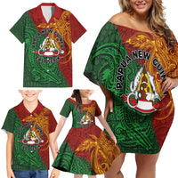 Papua New Guinea East Sepik Province Family Matching Off Shoulder Short Dress and Hawaiian Shirt Tribal Crocodile Birds of Paradise Melanesian Tattoo LT03 - Polynesian Pride
