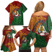 Papua New Guinea East Sepik Province Family Matching Off Shoulder Short Dress and Hawaiian Shirt Tribal Crocodile Birds of Paradise Melanesian Tattoo LT03 - Polynesian Pride