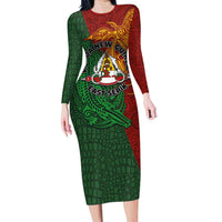 Papua New Guinea East Sepik Province Long Sleeve Bodycon Dress Tribal Crocodile Birds of Paradise Melanesian Tattoo LT03 Long Dress Green - Polynesian Pride