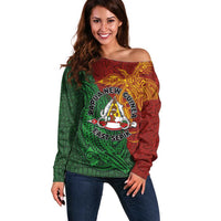 Papua New Guinea East Sepik Province Off Shoulder Sweater Tribal Crocodile Birds of Paradise Melanesian Tattoo LT03 Women Green - Polynesian Pride