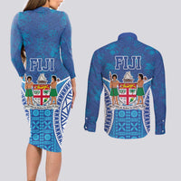 Fiji Day Couples Matching Long Sleeve Bodycon Dress and Long Sleeve Button Shirt Fijian Masi Tribal Hibiscus Tattoo and Tapa Pattern LT03 - Polynesian Pride