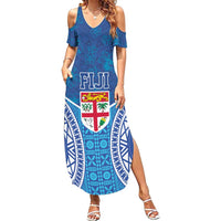 Fiji Day Family Matching Summer Maxi Dress and Hawaiian Shirt Fijian Masi Tribal Hibiscus Tattoo and Tapa Pattern LT03 Mom's Dress Blue - Polynesian Pride