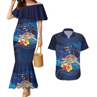 Polynesian Scuba Diving Couples Matching Mermaid Dress and Hawaiian Shirt Honu with Hibiscus and Plumeria Flower and Tapa Tribal Pattern LT03 Blue - Polynesian Pride