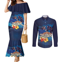 Polynesian Scuba Diving Couples Matching Mermaid Dress and Long Sleeve Button Shirt Honu with Hibiscus and Plumeria Flower and Tapa Tribal Pattern LT03 Blue - Polynesian Pride