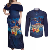 Polynesian Scuba Diving Couples Matching Off Shoulder Maxi Dress and Long Sleeve Button Shirt Honu with Hibiscus and Plumeria Flower and Tapa Tribal Pattern LT03 Blue - Polynesian Pride