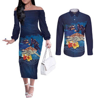 Polynesian Scuba Diving Couples Matching Off The Shoulder Long Sleeve Dress and Long Sleeve Button Shirt Honu with Hibiscus and Plumeria Flower and Tapa Tribal Pattern LT03 Blue - Polynesian Pride