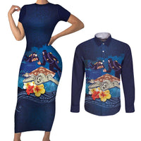Polynesian Scuba Diving Couples Matching Short Sleeve Bodycon Dress and Long Sleeve Button Shirt Honu with Hibiscus and Plumeria Flower and Tapa Tribal Pattern LT03 Blue - Polynesian Pride