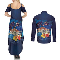 Polynesian Scuba Diving Couples Matching Summer Maxi Dress and Long Sleeve Button Shirt Honu with Hibiscus and Plumeria Flower and Tapa Tribal Pattern LT03 - Polynesian Pride