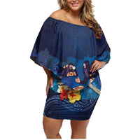 Polynesian Scuba Diving Family Matching Off Shoulder Short Dress and Hawaiian Shirt Honu with Hibiscus and Plumeria Flower and Tapa Tribal Pattern LT03 Mom's Dress Blue - Polynesian Pride
