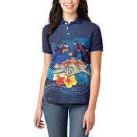 Polynesian Scuba Diving Women Polo Shirt Honu with Hibiscus and Plumeria Flower and Tapa Tribal Pattern LT03 - Polynesian Pride