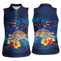 Polynesian Scuba Diving Women Sleeveless Polo Shirt Honu with Hibiscus and Plumeria Flower and Tapa Tribal Pattern