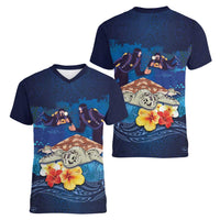 Polynesian Scuba Diving Women V-Neck T-Shirt Honu with Hibiscus and Plumeria Flower and Tapa Tribal Pattern