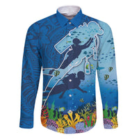 Polynesian Scuba Diving Family Matching Off The Shoulder Long Sleeve Dress and Hawaiian Shirt Beauty Corals with Underwater and Polynesian Pattern LT03 Dad's Shirt - Long Sleeve Blue - Polynesian Pride