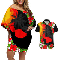 Custom Hawaii Maui Island Couples Matching Off Shoulder Short Dress and Hawaiian Shirt Maui Map With Tropical Forest Sunset Vibe LT03 Black - Polynesian Pride