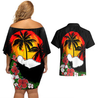 Hawaii Maui Island Couples Matching Off Shoulder Short Dress and Hawaiian Shirt Maui Map With Tropical Forest Vintage Style LT03 - Polynesian Pride
