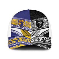 Niue and Aotearoa Rugby Baseball Net Cap Hiapo with Maori Moko Tribal Heritage Tattoos - Polynesian Pride