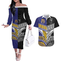 Custom Rugby Niue and Aotearoa Couples Matching Off The Shoulder Long Sleeve Dress and Hawaiian Shirt Hiapo with Maori Moko Tribal Heritage Tattoos LT03 Black - Polynesian Pride