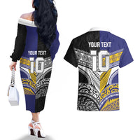 Custom Rugby Niue and Aotearoa Couples Matching Off The Shoulder Long Sleeve Dress and Hawaiian Shirt Hiapo with Maori Moko Tribal Heritage Tattoos LT03 - Polynesian Pride