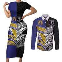 Custom Rugby Niue and Aotearoa Couples Matching Short Sleeve Bodycon Dress and Long Sleeve Button Shirt Hiapo with Maori Moko Tribal Heritage Tattoos LT03 Black - Polynesian Pride
