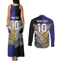 Custom Rugby Niue and Aotearoa Couples Matching Tank Maxi Dress and Long Sleeve Button Shirt Hiapo with Maori Moko Tribal Heritage Tattoos LT03 - Polynesian Pride