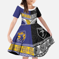 Custom Rugby Niue and Aotearoa Kid Short Sleeve Dress Hiapo with Maori Moko Tribal Heritage Tattoos LT03 KID Black - Polynesian Pride