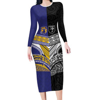 Custom Rugby Niue and Aotearoa Long Sleeve Bodycon Dress Hiapo with Maori Moko Tribal Heritage Tattoos LT03 Long Dress Black - Polynesian Pride