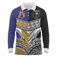 Custom Rugby Niue and Aotearoa Long Sleeve Polo Shirt Hiapo with Maori Moko Tribal Heritage Tattoos LT03 Black - Polynesian Pride