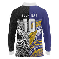 Custom Rugby Niue and Aotearoa Long Sleeve Polo Shirt Hiapo with Maori Moko Tribal Heritage Tattoos LT03 - Polynesian Pride